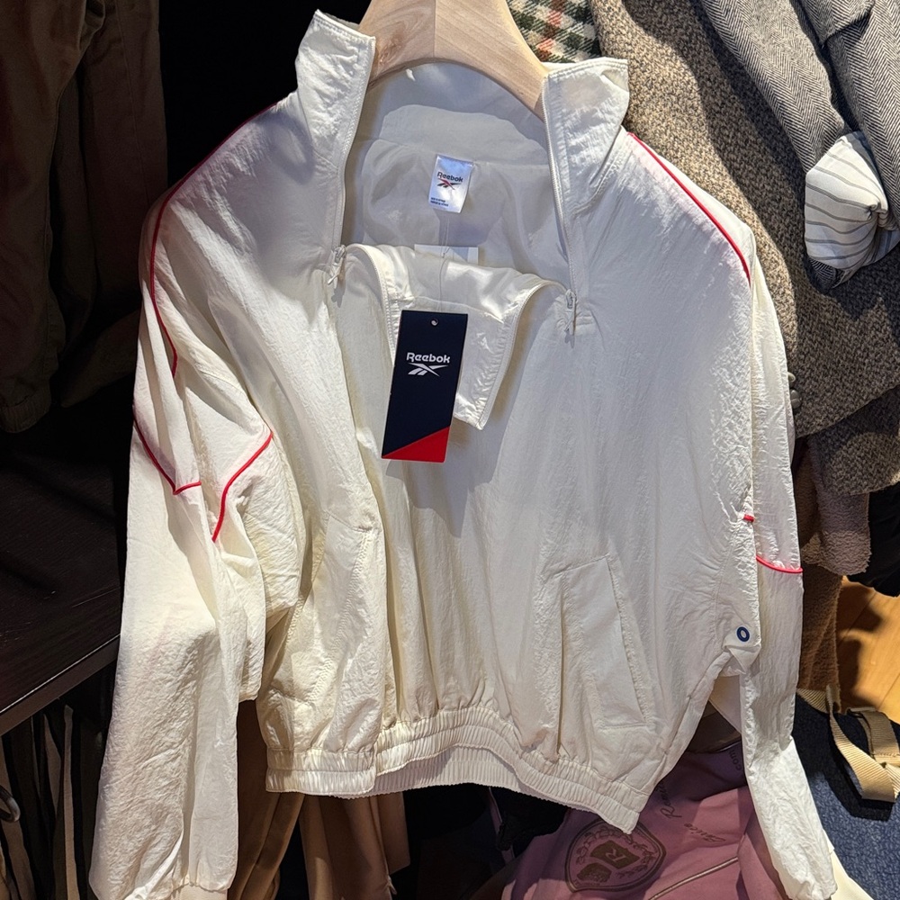 Reebok Women's Cream Bomber Jacket with Red Accents